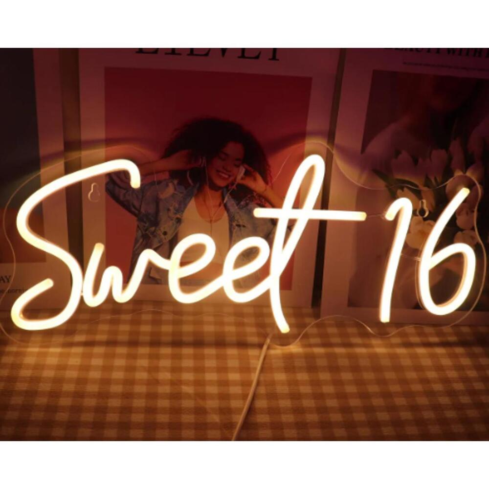 Sweet 16 Neon Sign, USB LED Wall Light with Dimmer, Warm White